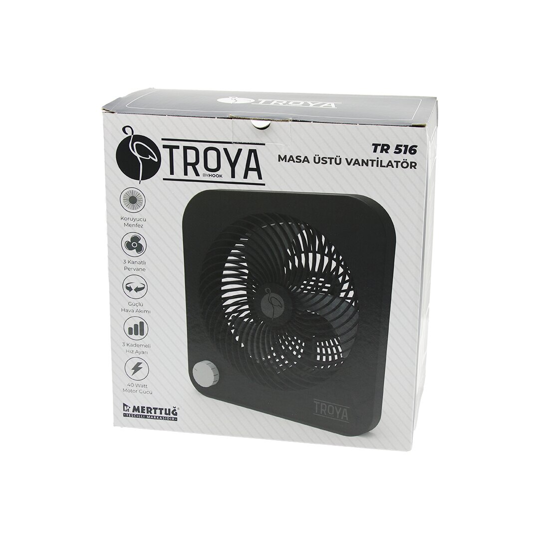MASA ÜSTÜ VANTİLATÖR FAN=22CM 3 KADEME HIZ 40W  3 PERVANE  SİYAH PLS.STAND=28X27X13CM TR-516 (4812)