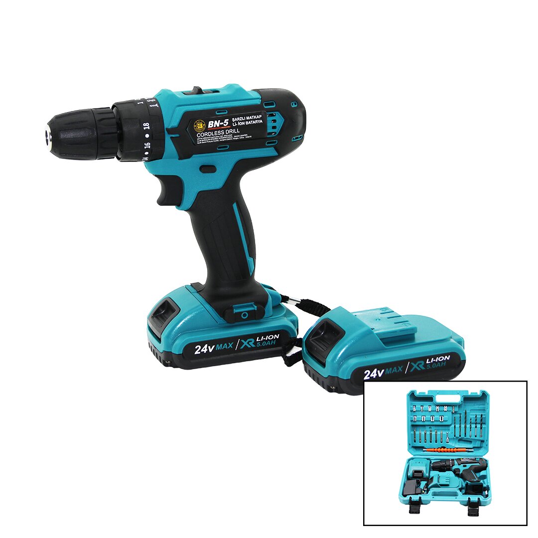 MAVİ 1250 RPM BN-5 F-136 CORDLESS DRILL FULL ŞARJLI=24V=5.0Ah - 2 BATARYA MATKAP SETİ ÇANTALI (4812)