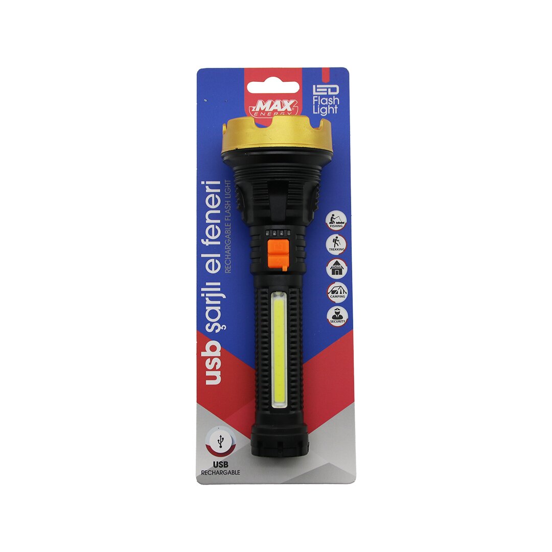 ORTA=19CM 2İN1= OSL LED - COB LED USB ŞARJLI EL FENERİ 3-KADEME IŞIK - FLAŞÖR ŞARJ GÖSTERGE (4812)