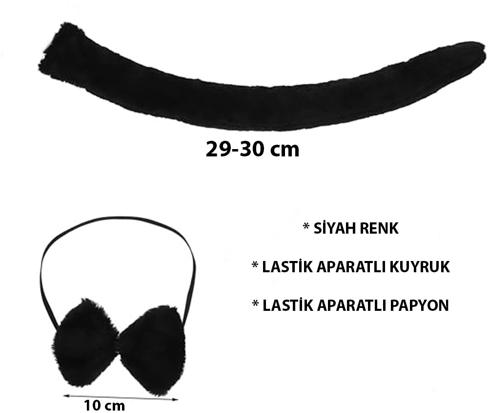 Peluş Siyah Renk Kuyruk ve Papyon Yetişkin Çocuk Uyumlu (4812)