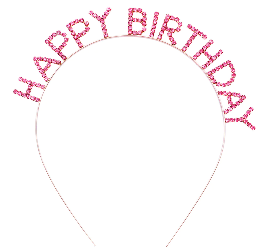 Pembe Renk Kristal Taşlı Gold Renk Kaplama Happy Birthday Taç 16x17 cm (4812)