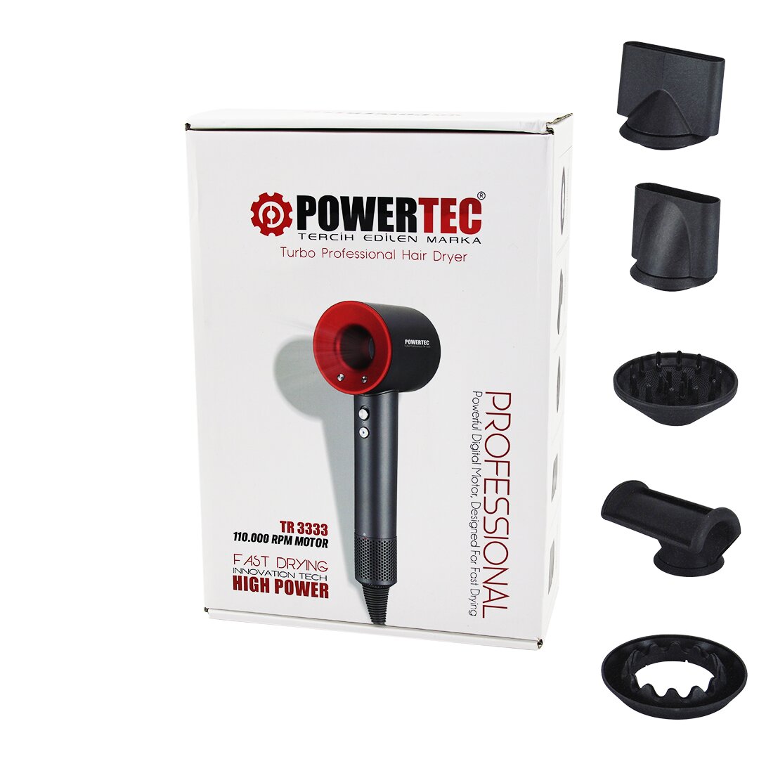 PLAZMA SAÇ KURUTMA - FÖN MAKİNESİ TURBO PROF 5 PCS UÇ - 3 KADEME SICAKLIK - HASSASİYET HIZLI KURUTMA  TR-3333 (4812)
