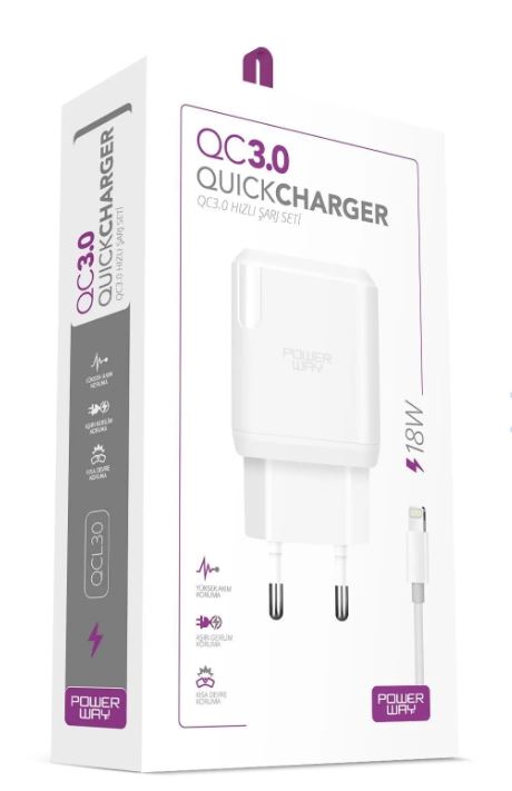 POWERWAY QCL30 HIZLI 3000 MA 18W LIGHTNING ŞARJ KAFA BAŞLIK ADAPTÖRÜ (4812)
