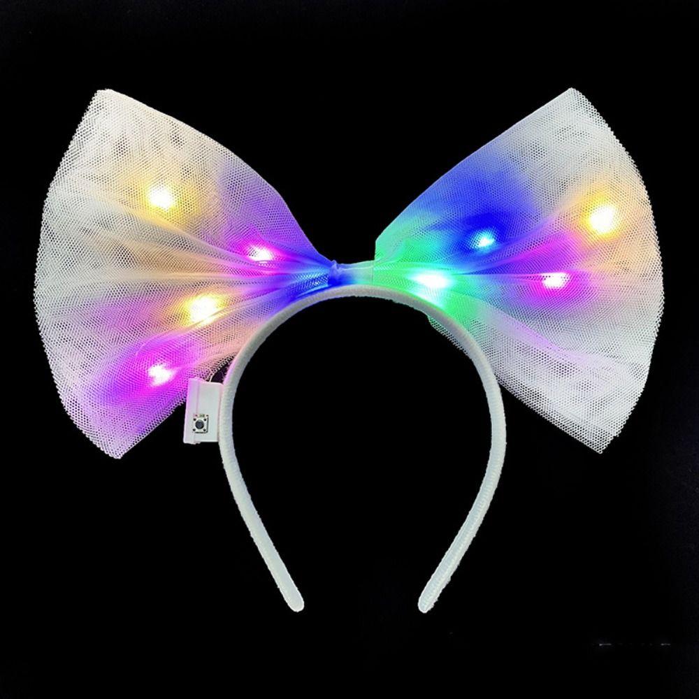 Rengarenk Led Işıklı Fiyonk Şekilli Tül Parti Tacı Beyaz Renk 25x25 cm (4812)