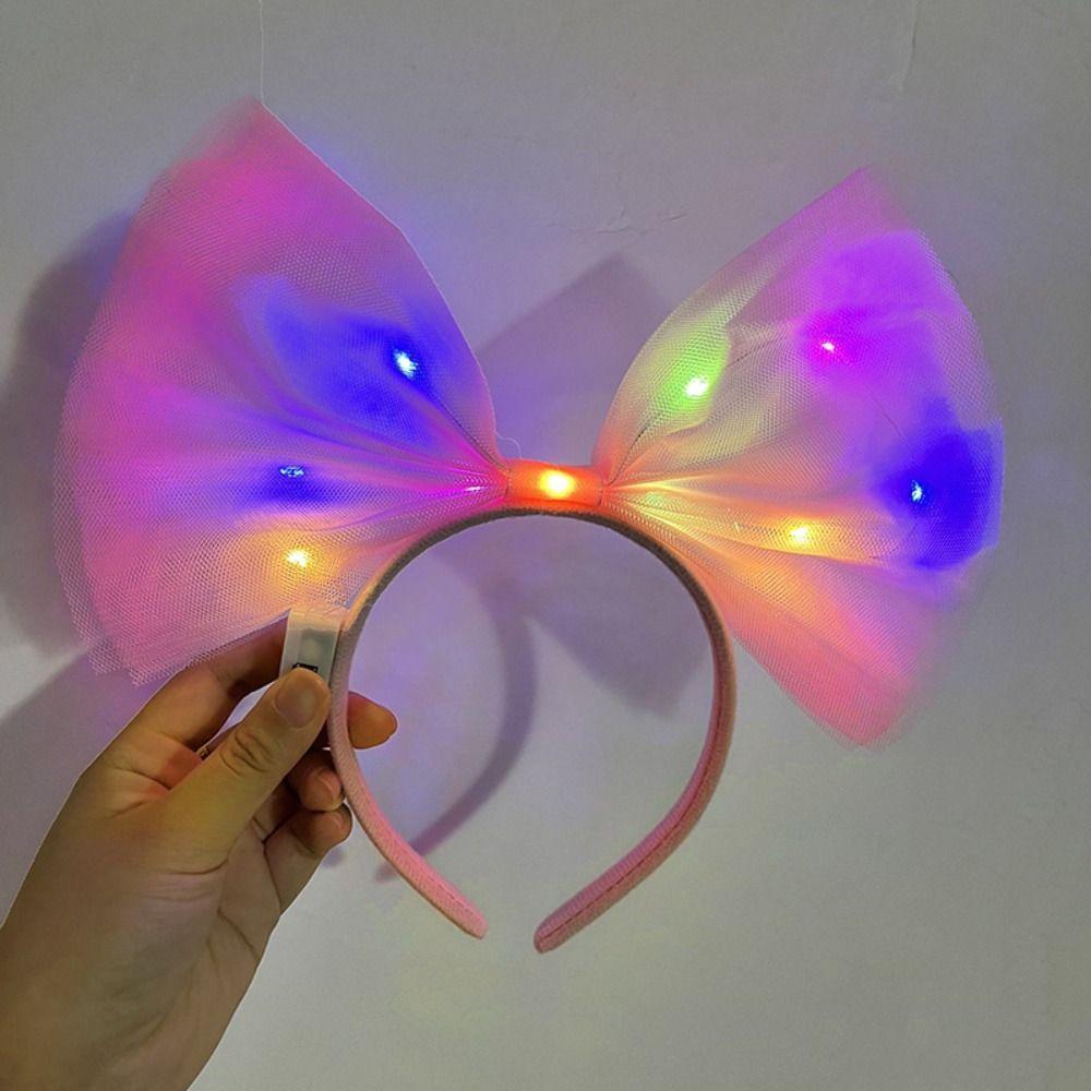 Rengarenk Led Işıklı Fiyonk Şekilli Tül Parti Tacı Pembe Renk 25x25 cm (4812)