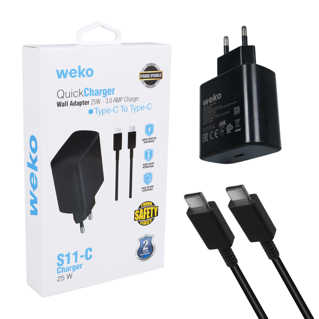 S11-C 25 WATT SİYAH ŞARJ BAŞLIK ADAPTÖRÜ + TYPE-C TO TYPE-C KABLO (4812)