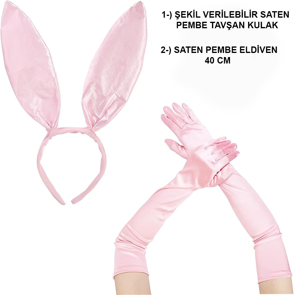 Saten Kaplama Soft Pembe Eldiven 40 cm ve Tavşan Kulak 2 li Set (4812)