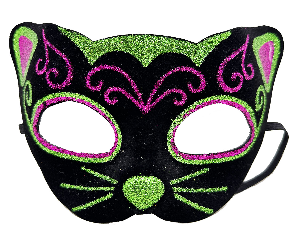 Siyah Kadife Kaplama Üzeri Pembe Yeşil Sim İşlemeli Kedi Maskesi 20x13 cm (4812)