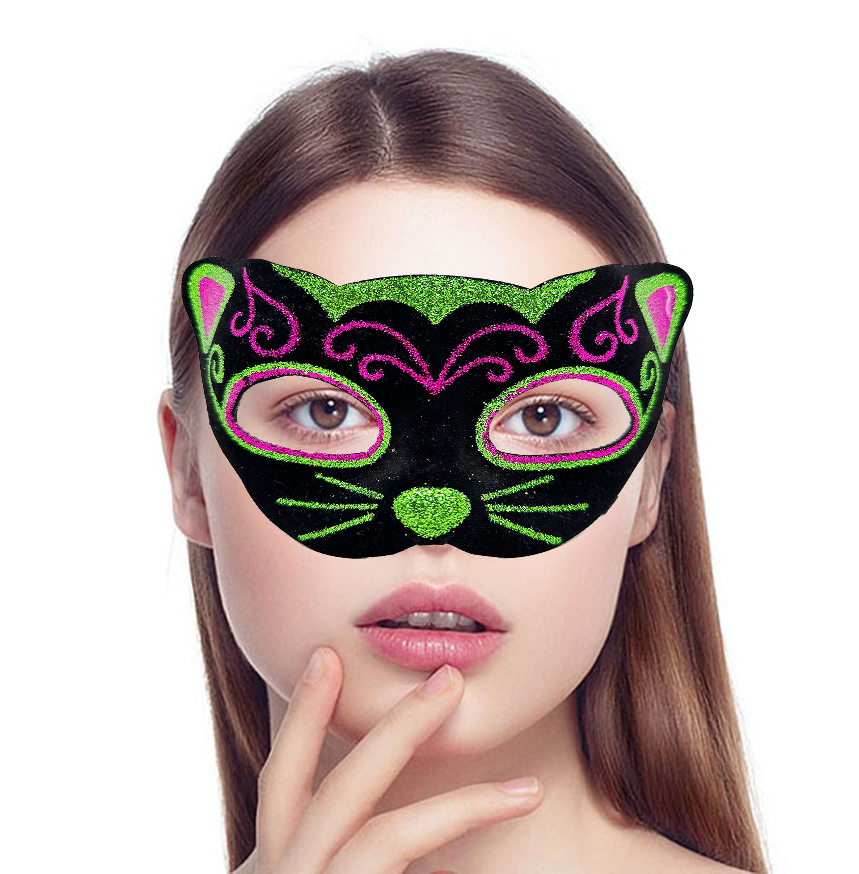 Siyah Kadife Kaplama Üzeri Pembe Yeşil Sim İşlemeli Kedi Maskesi 20x13 cm (4812)