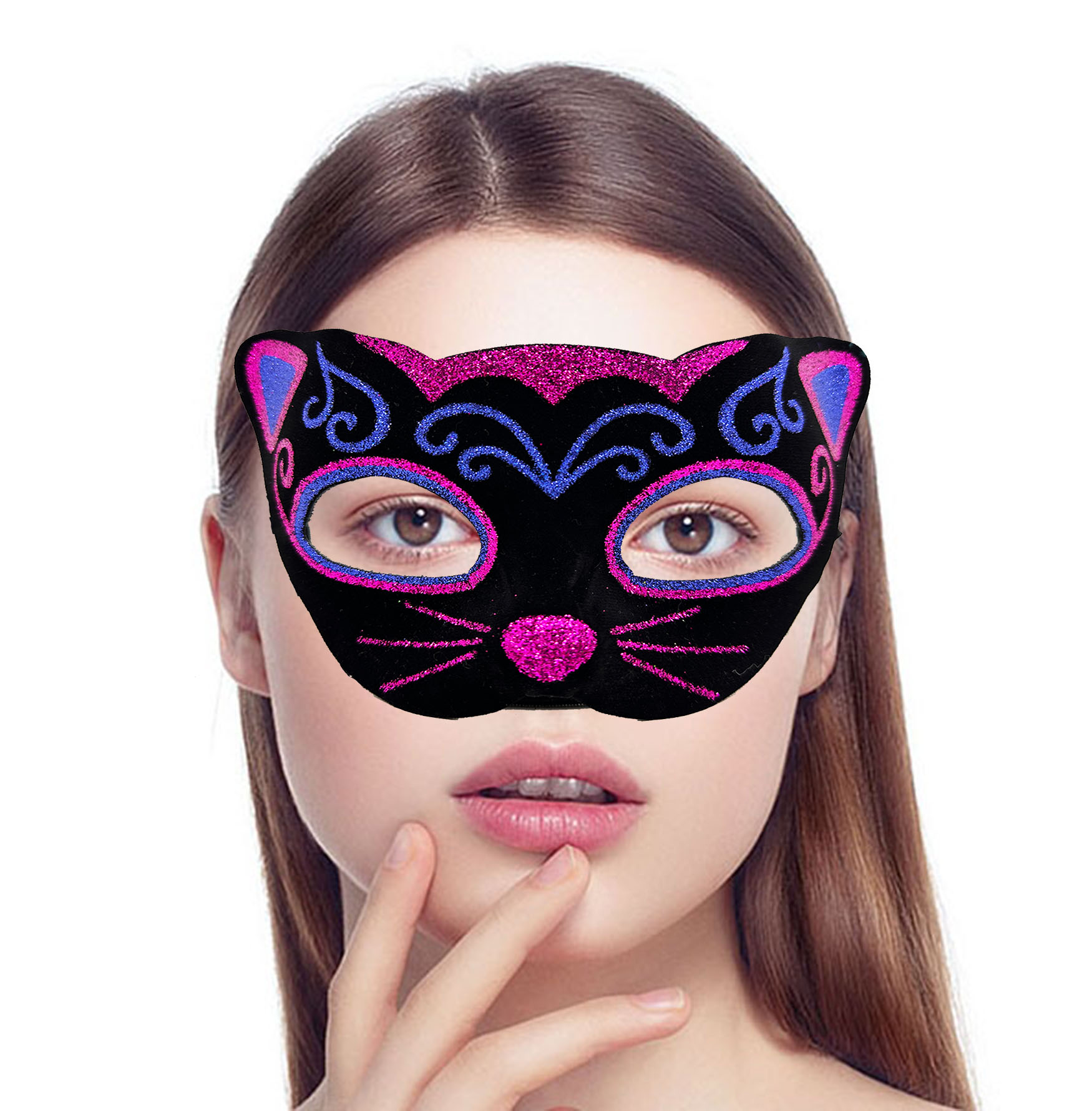 Siyah Kadife Kaplama Üzeri Pembe Mavi Sim İşlemeli Kedi Maskesi 20x13 cm (4812)