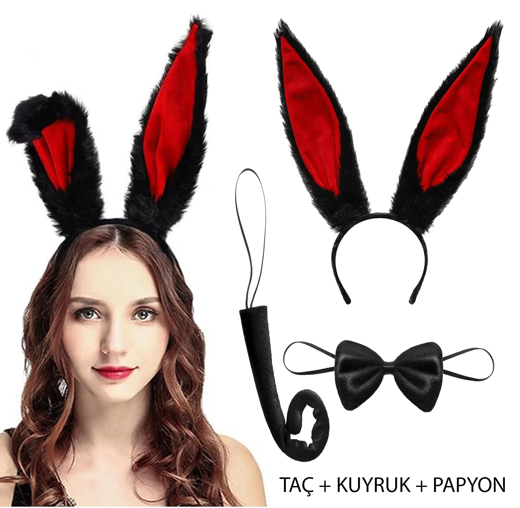 Siyah Kırmızı Renk Peluş Tavşan Kulak Papyon Kuyruk Yetişkin Boy (4812)