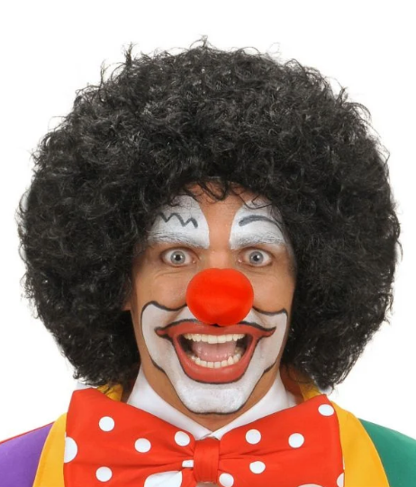 Siyah Renk Kıvırcık Afro Bonus Peruk Saç ve Kırmızı Sünger Burun Seti (4812)
