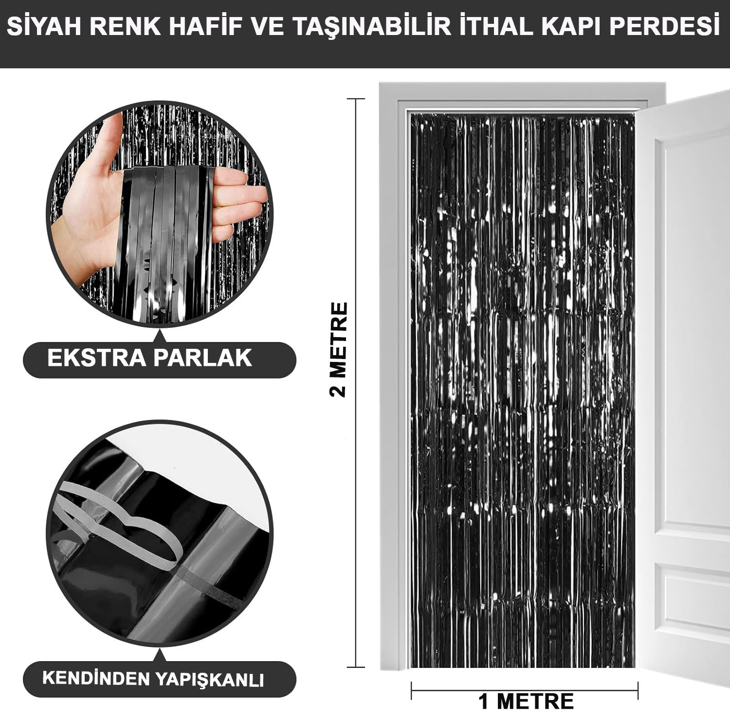 Siyah Renk Ekstra Metalize Parlak Saçaklı Arka Fon Perde İthal A Kalite 1x2 Metre (4812)