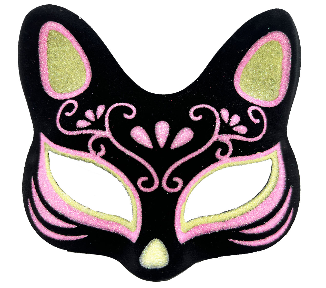 Siyah Renk Süet Kaplama Üzeri Sarı Pembe Simli Kedi Maskesi 17x14 cm (4812)