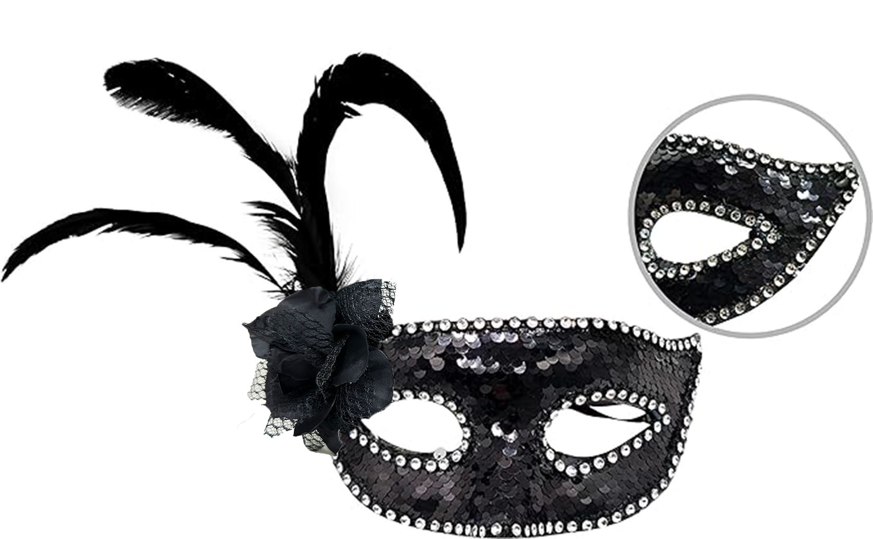 Siyah Renk Yandan Tüylü Güllü Gümüş Taşlı Pullu Maske 20x22 cm (4812)