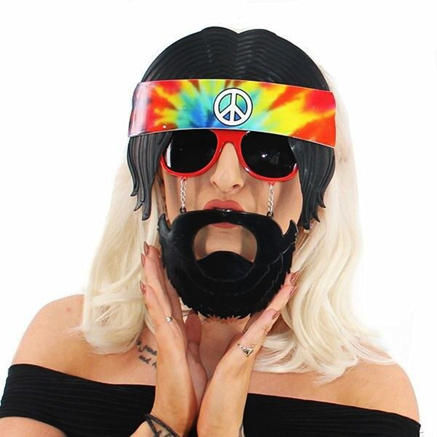Siyah Saçlı Bandana Tasarımlı Hippi Parti Gözlüğü 26x18 cm (4812)