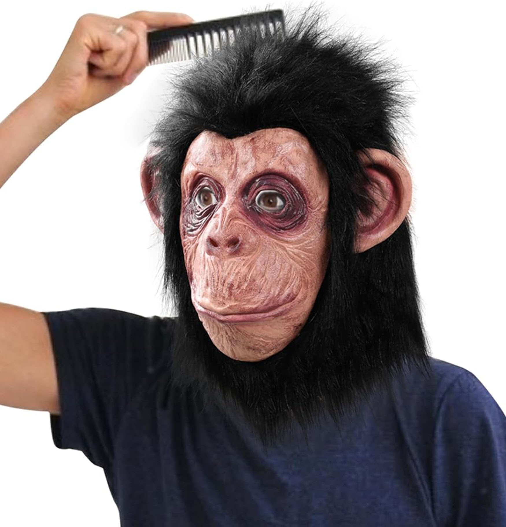 Siyah Saçlı Kafaya Tam Geçmeli Lateks Şempanze Maskesi - Lateks Maymun Orangutan Goril Maske Et Maske (4812)
