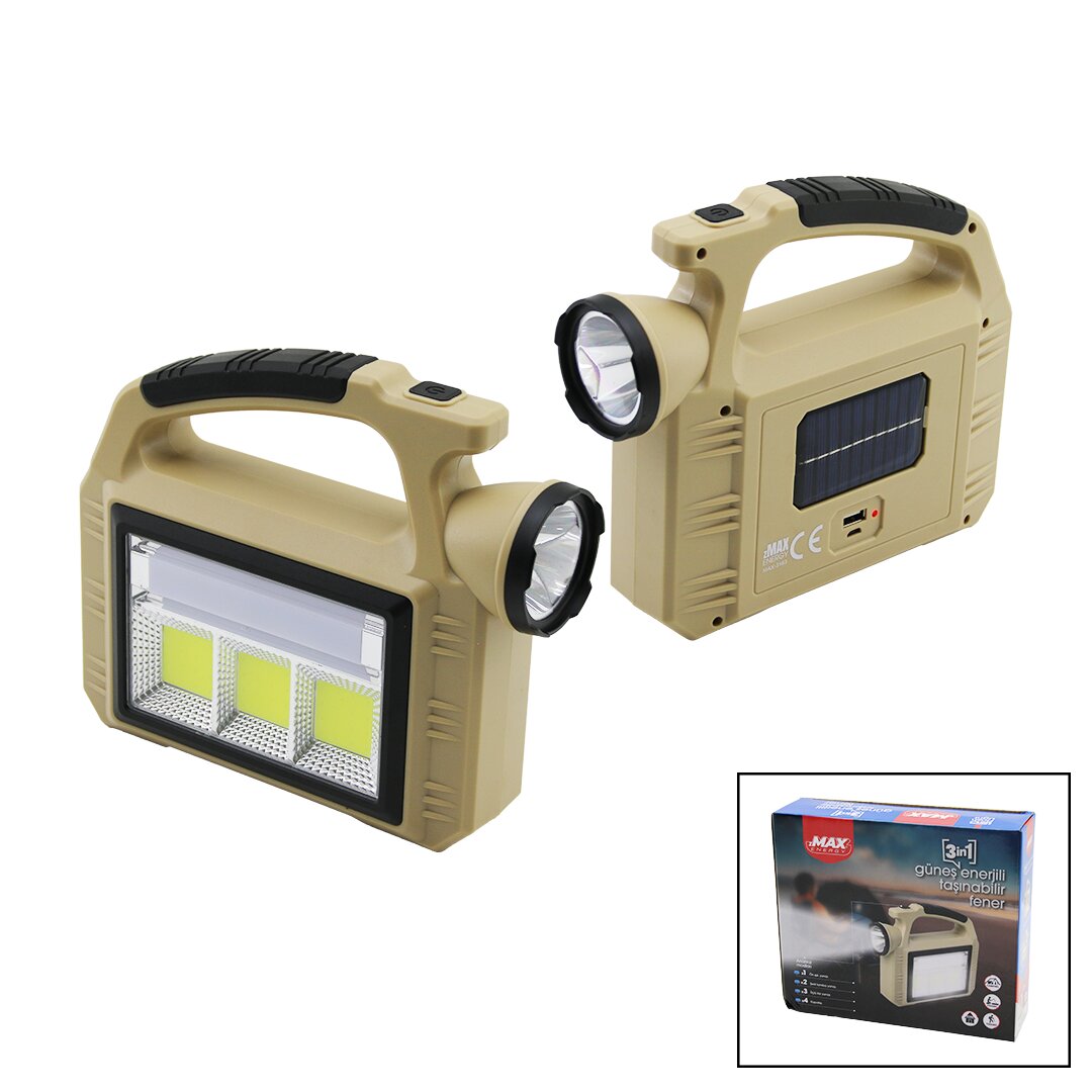 SOLAR GÜNEŞ ENERJİLİ - USB ŞARJLI  TAŞINABİLR EL FENERİ POWERBANK 3İN1=LED - COB LED - ŞERİT LAMBA (4812)