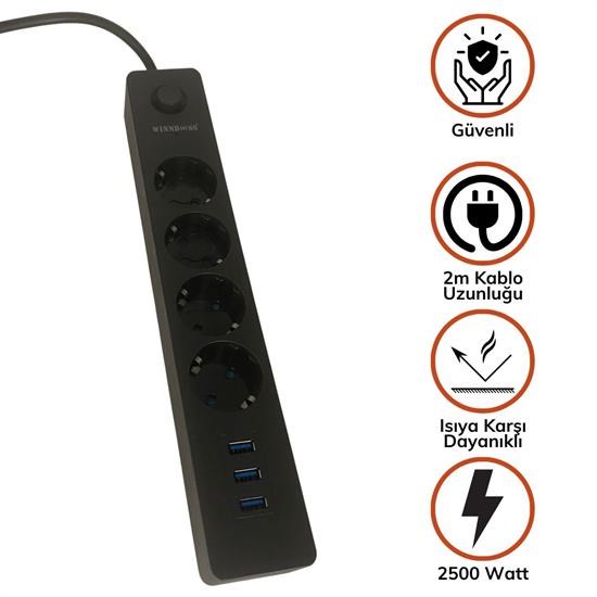 Termak Akım Korumalı 4 Priz 3 USB Girişli Uzatma Kablosu Güç ve Şarj SİYAH RENK GÖNDERİLİR (4812)