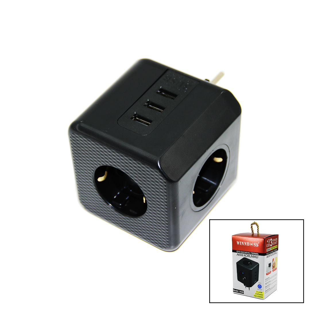 TERMAL AKIM KORUMALI  3X PRİZ 3X USB DUVAR TİPİ PRİZ SİYAH 10A - 2500W (4812)