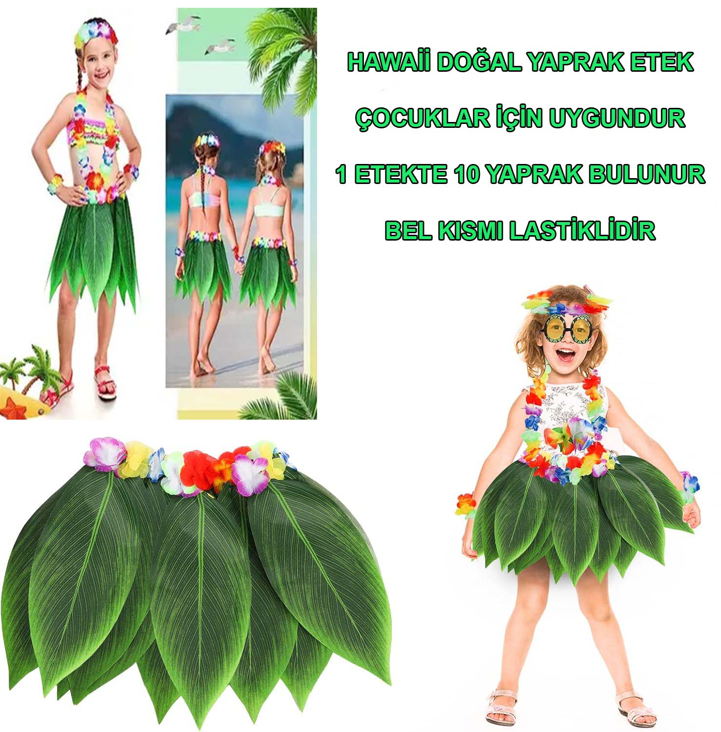 Tropikal Esintili Hawaii Yapraklı Parti Eteği Çocuk Boy (4812)