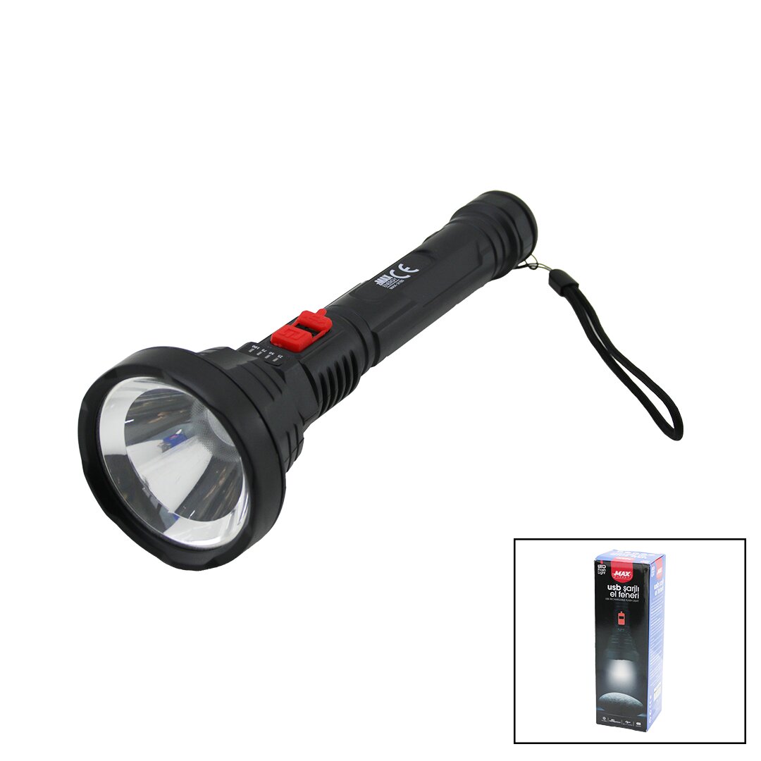 USB ŞARJLI=5V 1W LED EL FENERİ 3-KADEME IŞIK - FLAŞÖR ŞARJ GÖSTERGE 70LÜMEN 25.7CM (4812)