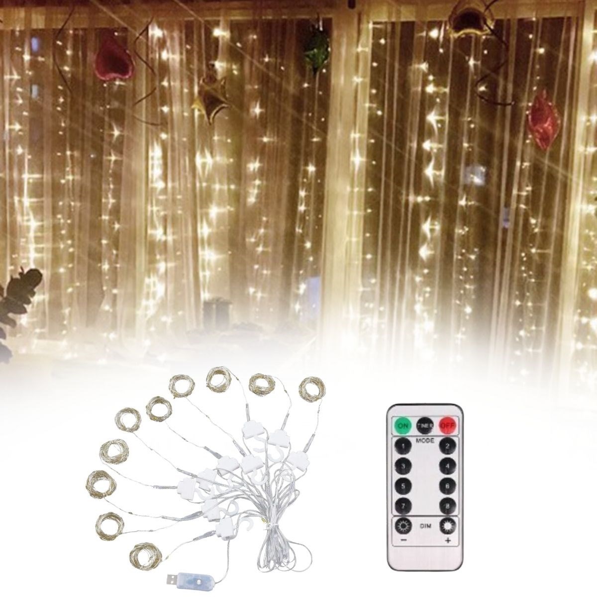 Uzaktan Kumandalı LED Perdeye Takılabilen Kancalı Işık Usb 3x3 Metre Peri Perde LED (4812)