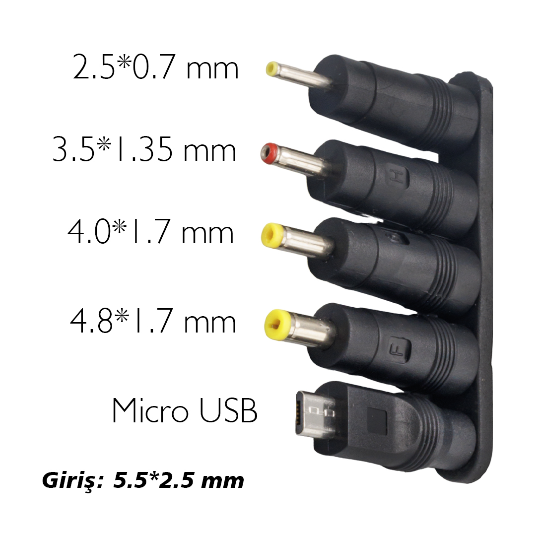 YERLİ ÜRETİM ÇOKLU YEDEK ADAPTÖR UÇ ÇEVİRİCİ (2.5x0.7MM- 4.8x1.7MM- 3.0X1.1MM-4.0X1.7MM- MICRO USB) (4812)