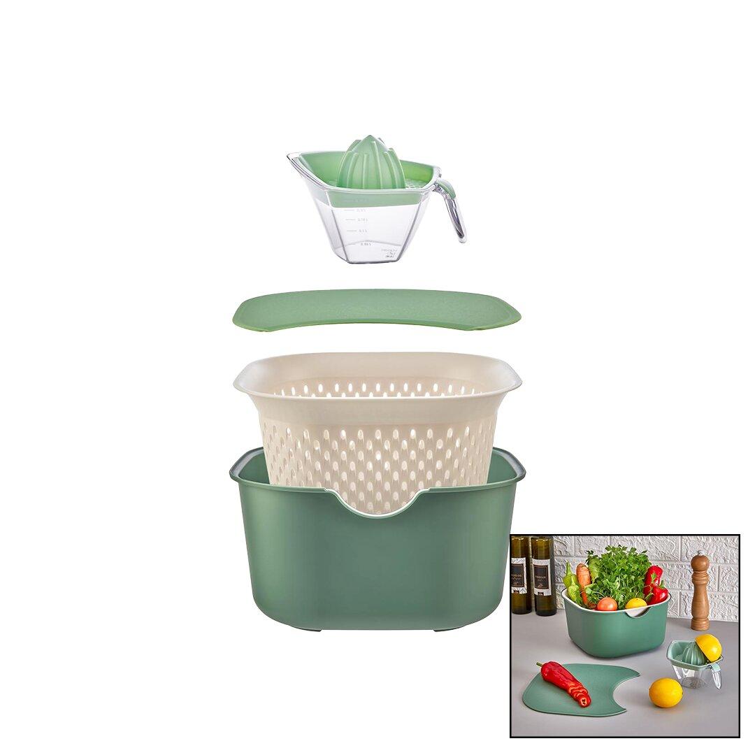 YEŞİL 5PCS MUTFAK SETİ PLS.KARIŞTIRMA KAP=4LT - SÜZGEÇ=3.5LT - KESİM PANO - SIKACAK=0.25LT (4812)