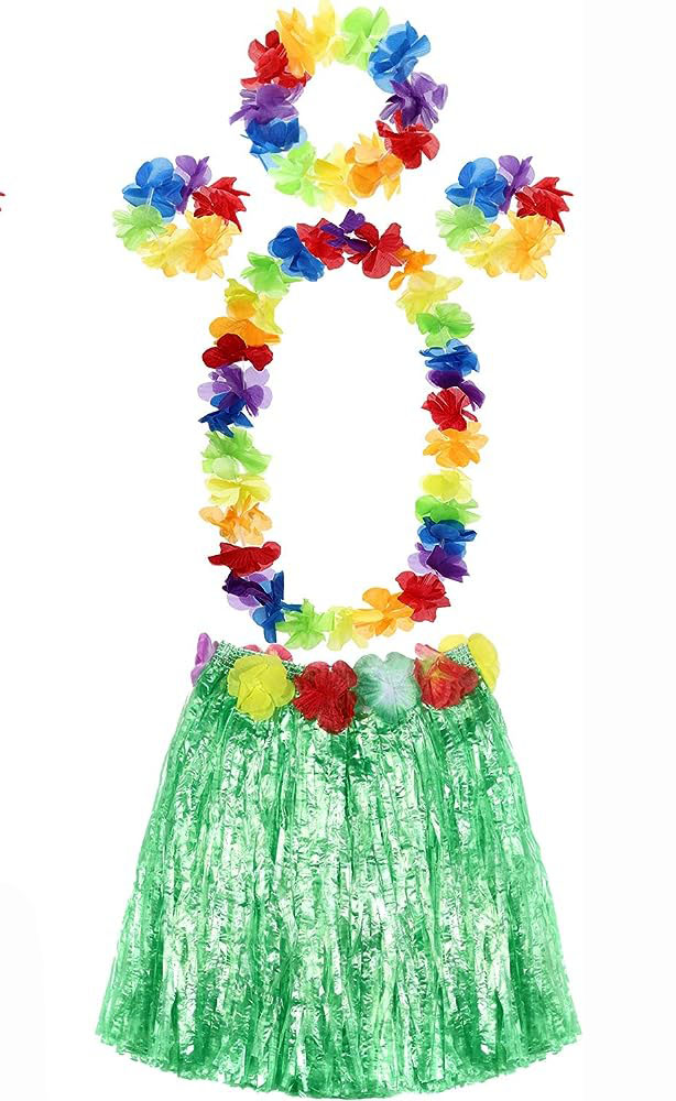 Yetişkin ve Çocuk Uyumlu Luau Aloha Hawaii Yeşil Etek ve Renkli Kolye Taç 2 Adet Bileklik Seti (4812)